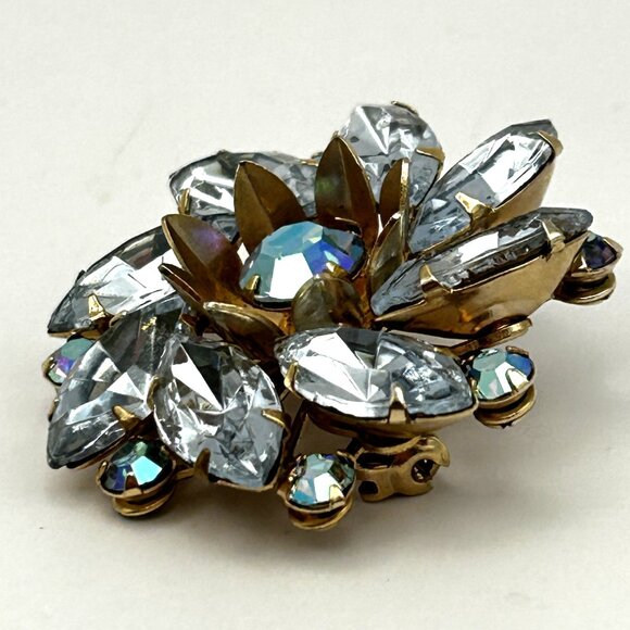 Vintage Aurora Borealis Blue Rhinestone Floral Brooch Layered Riveted 1950-1960s - Picture 1 of 12